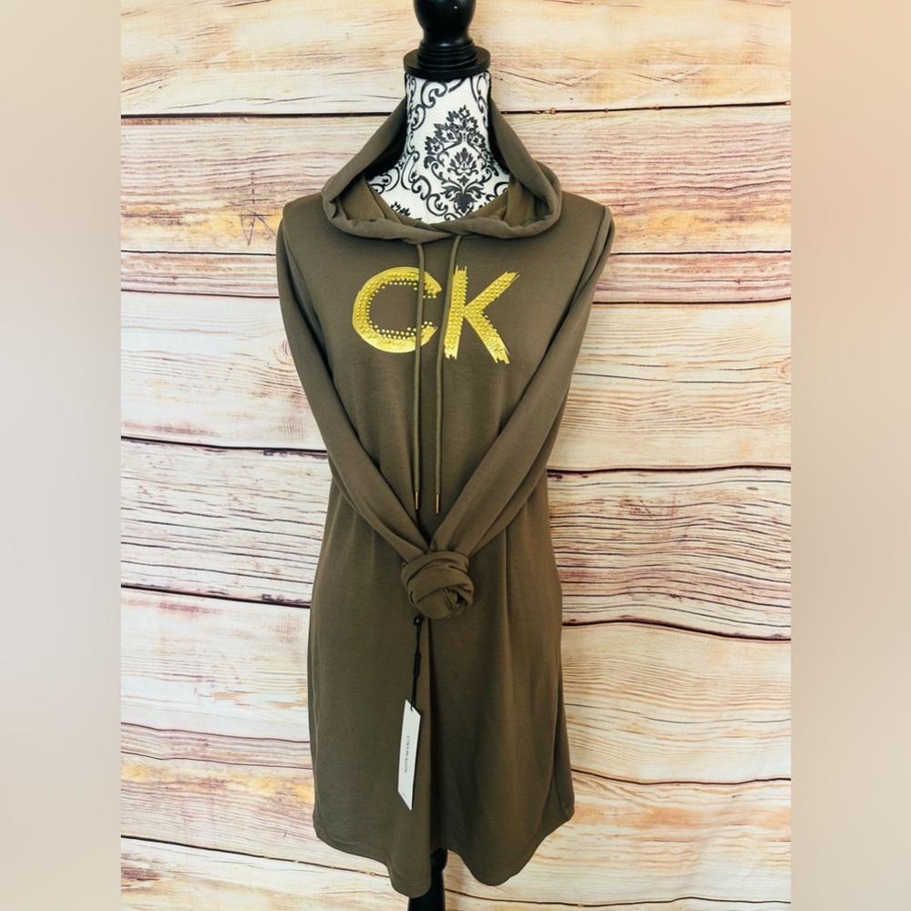 Calvin Klein Olive Green Gold Studded Logo Long Sleeve Hooded Dress Size L NWT